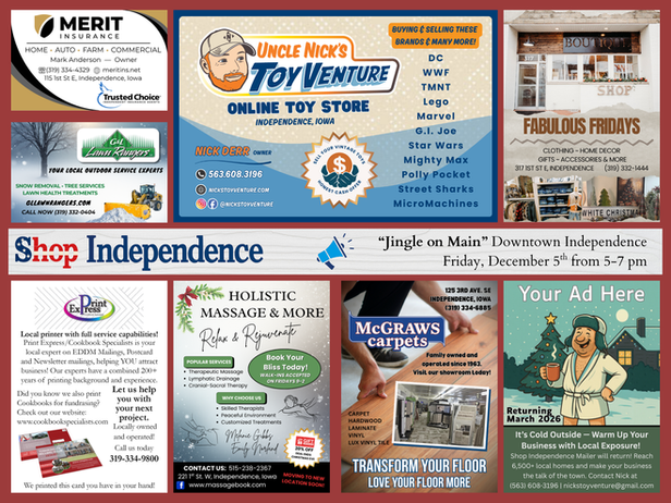 Back of Shop Independence Campaign 1 9x12 community mailer showcasing 13 participating local businesses with easy-to-read advertisements for Independence, Jesup, and Rowley, Iowa.