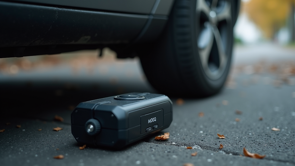 Close-up view of a GPS tracking device attached to a vehicle's undercarriage