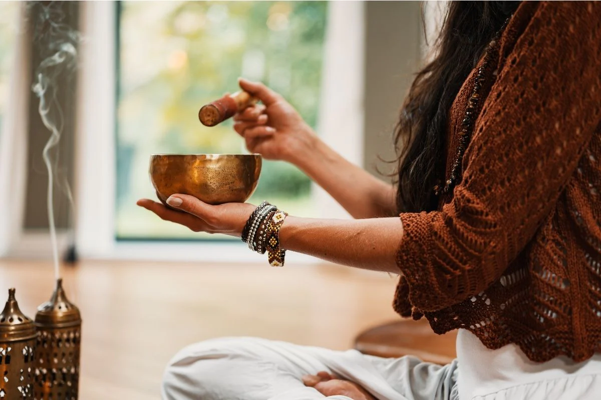 Spiritual Therapy Woman Playing Singing Bowl