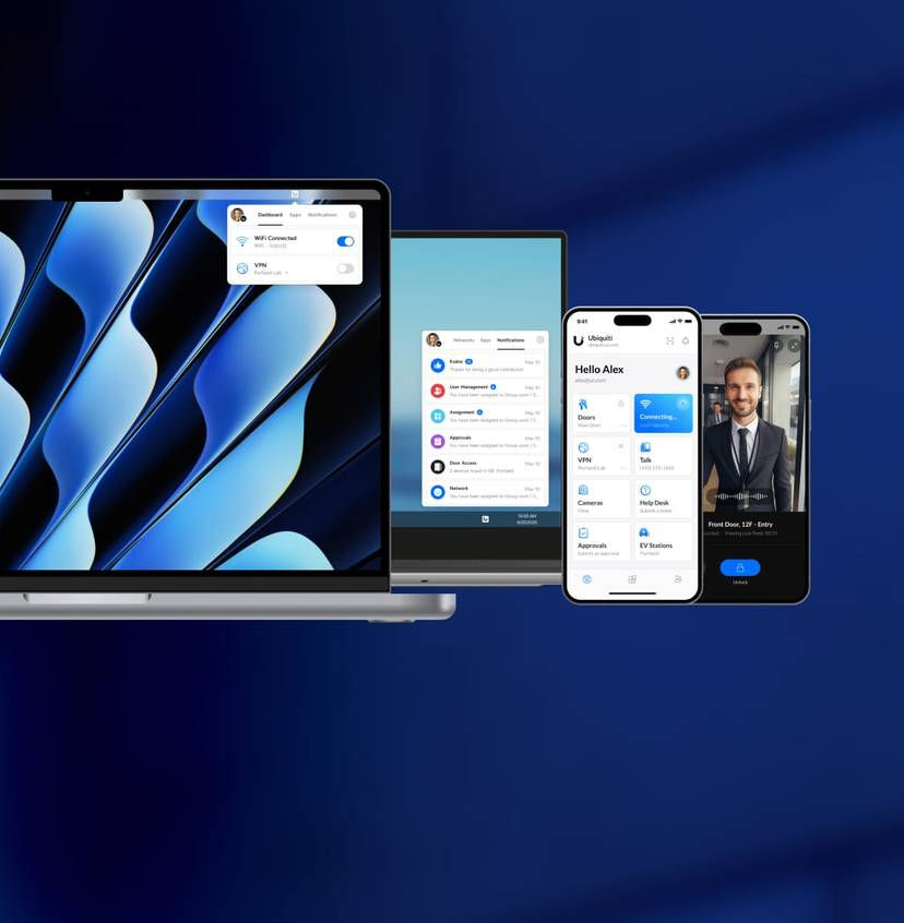 Aplicativo Ubiquiti exibido em notebooks e smartphones