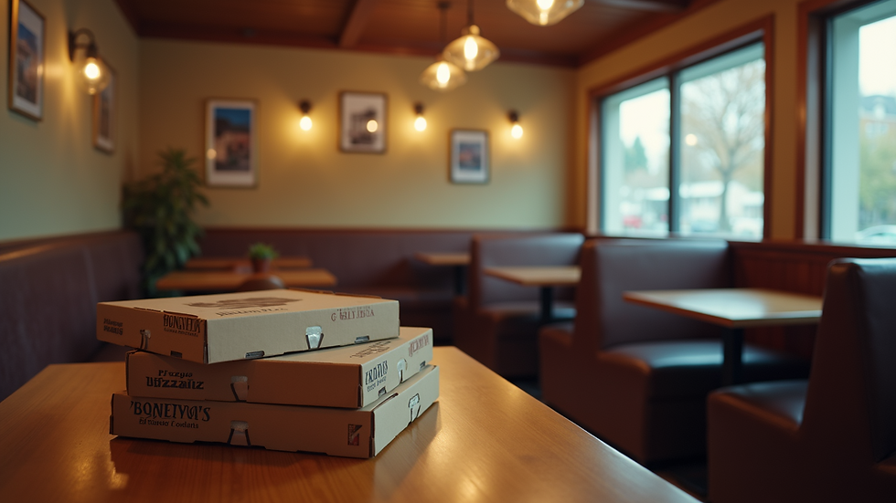 Eye-level view of a cozy Essex County pizzeria interior with wooden tables and pizza boxes