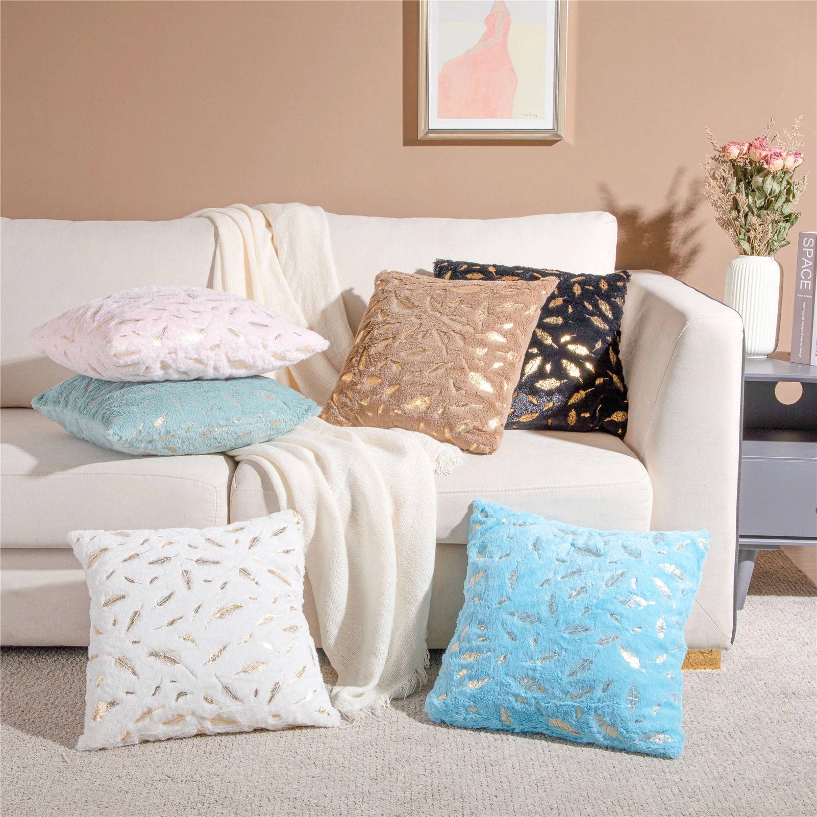 Golden Feather Printed Decorative Cushion Covers