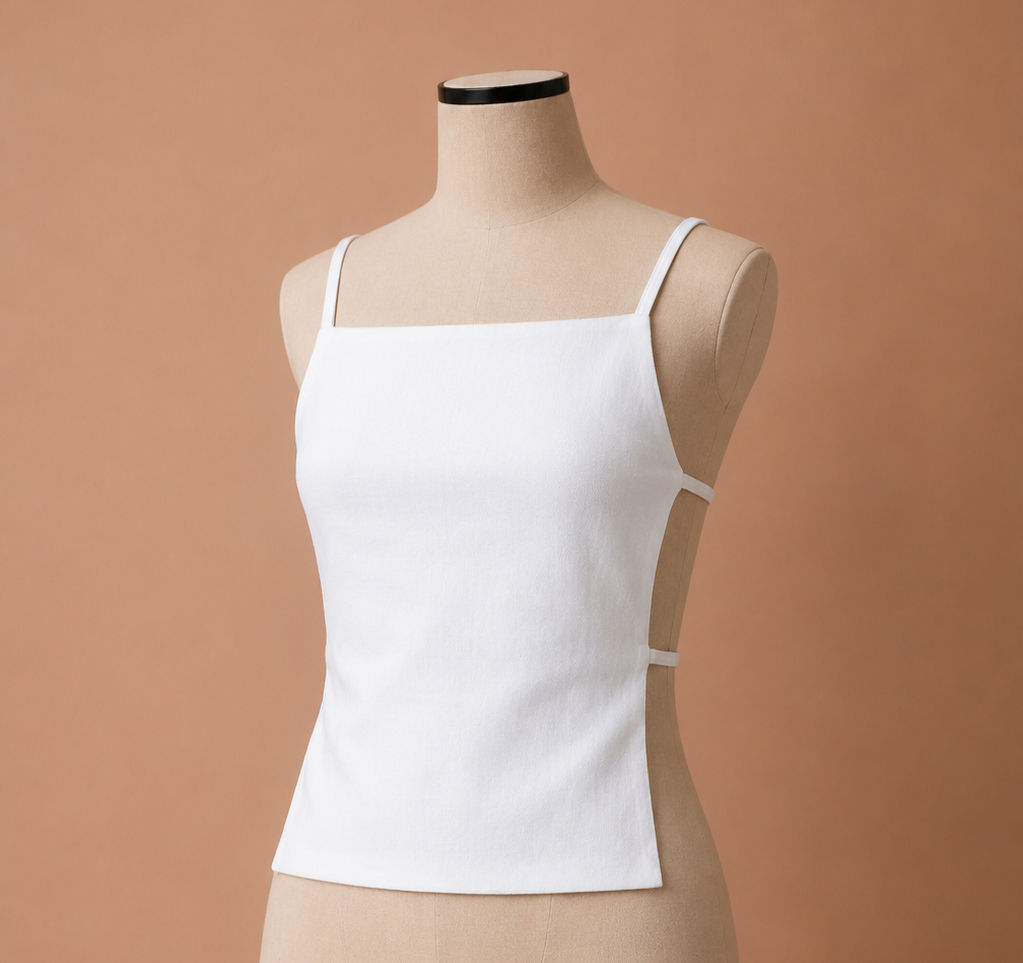 close up to front of dainty strap white linen top on mannequin