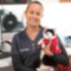 A black and white cat wearing a red shirt is held by a smiling veterinarian