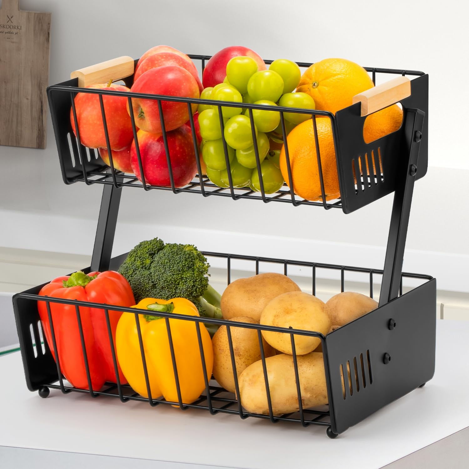 Wetheny 2 Tier Fruit Basket Bowl for Kitchen Counter Detachable Metal Organizer