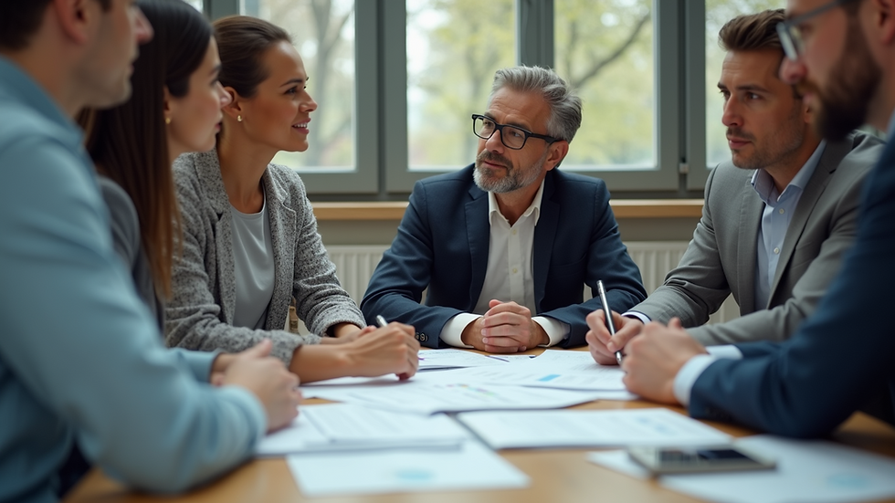 Eye-level view of a diverse group of people discussing financial plans