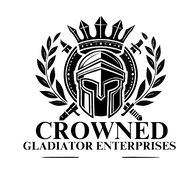 Crowned Gladiator Enterprises logo featuring a Spartan helmet with a laurel wreath and crossed swords, symbolizing strength, 