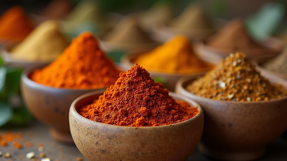 Close-up view of certified organic Indian spices in traditional packaging