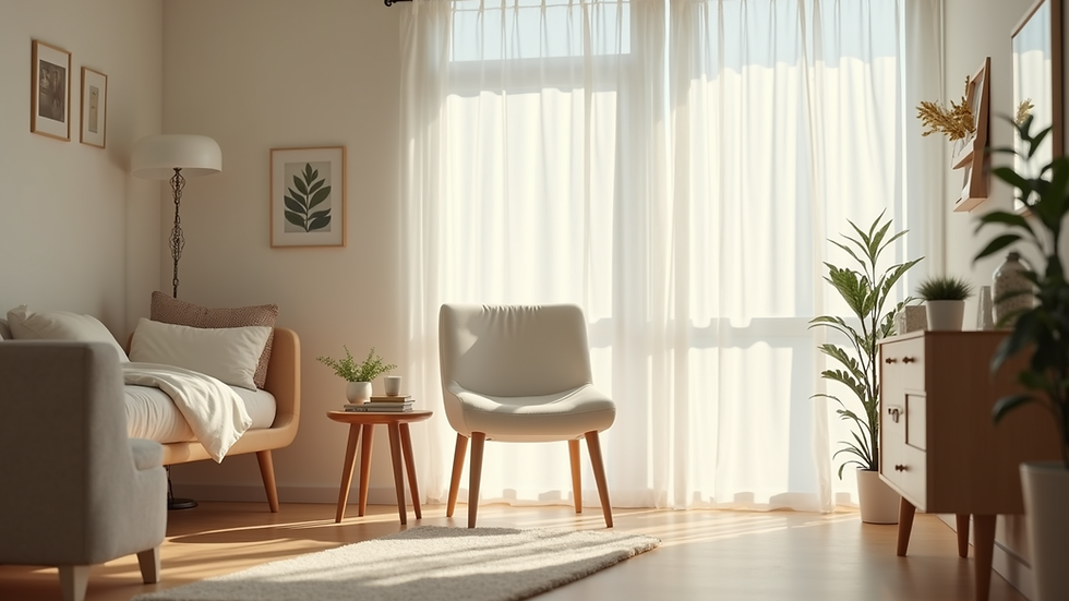 Eye-level view of a calm therapy room with a single chair and soft lighting