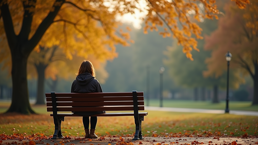 Eye-level view of a woman sitting alone on a park bench during autumn