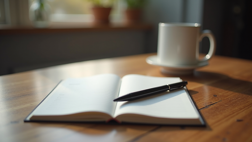 Close-up view of a journal and pen on a wooden table