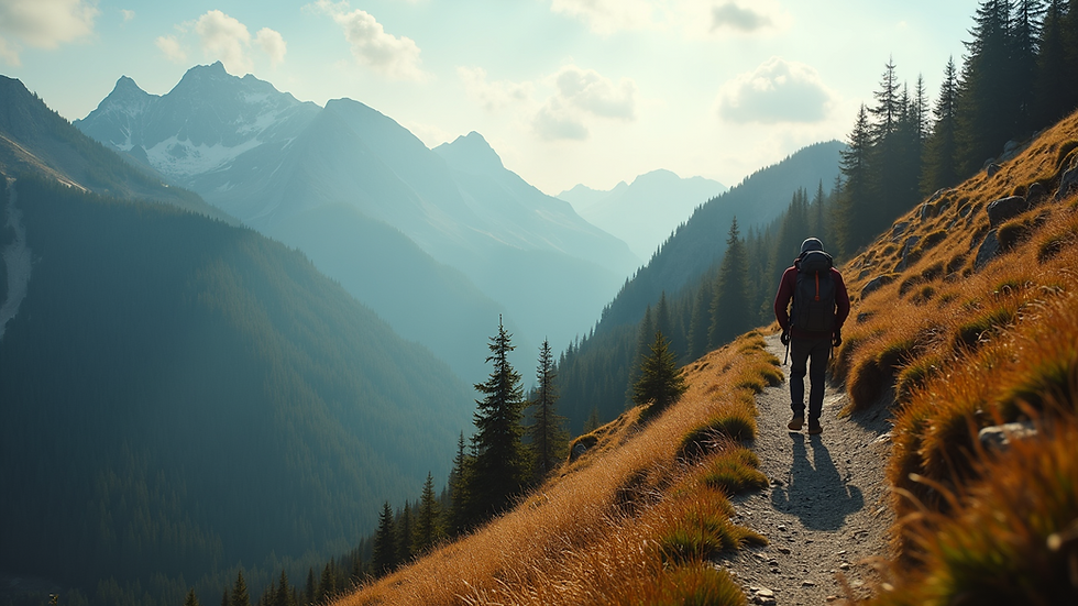 Wide angle view of a person hiking on a mountain trail