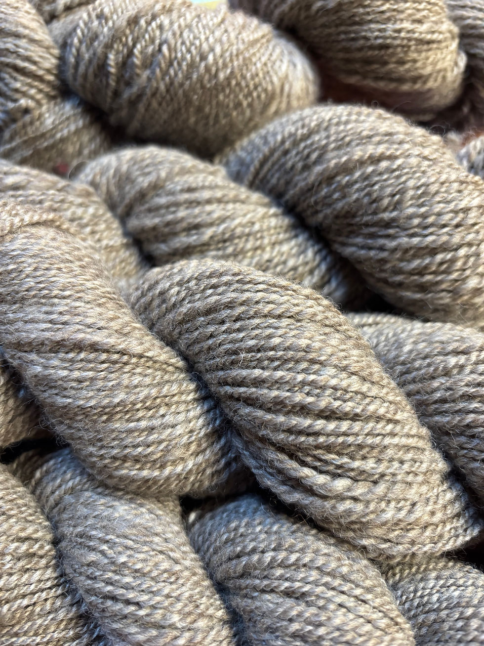 close up of skeins of handspun grey wool
