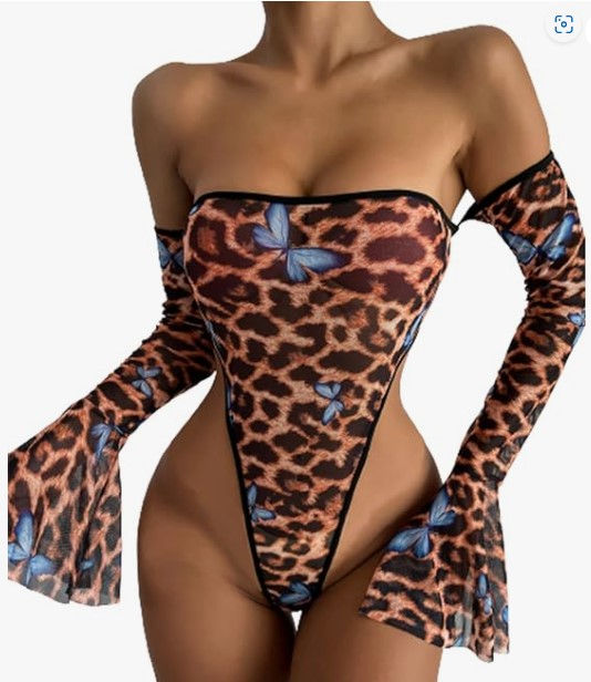 Women's Leopard Butterfly Print Ruffle Long Sleeve Teddy Bodysuit Lingerie