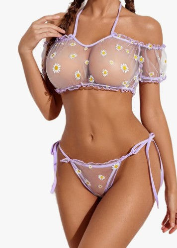 Sheer Purple & Sunflower "Snatch Tie" Mesh Babydoll Chemise Bra set