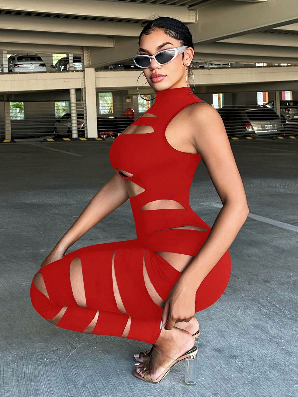 SXY Women's Sleeveless Hollow Out Solid Round Neck Skinny Jumpsuit