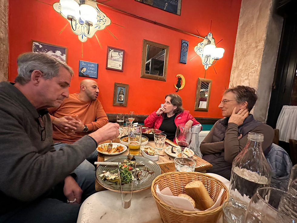 Dana and Liz from Humanity Now, Mustafa from Velos and delicious food at Mavros Gatos.