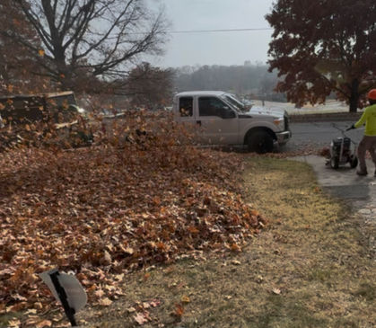 blowing leaves across lawn