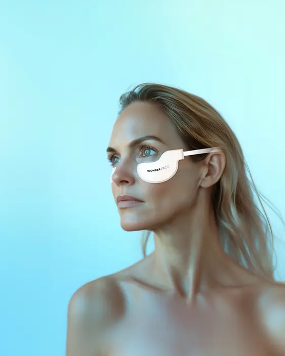 Femme blonde utilisant des électrodes Wonder Face pour le soin du contour des yeux