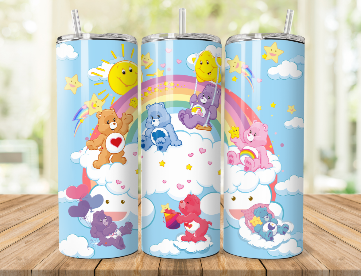 PERSONALISE 'CARE BEARS' 600ML STAINLESS STEEL GLOSSY THERMAL TUMBLER & STRAW.