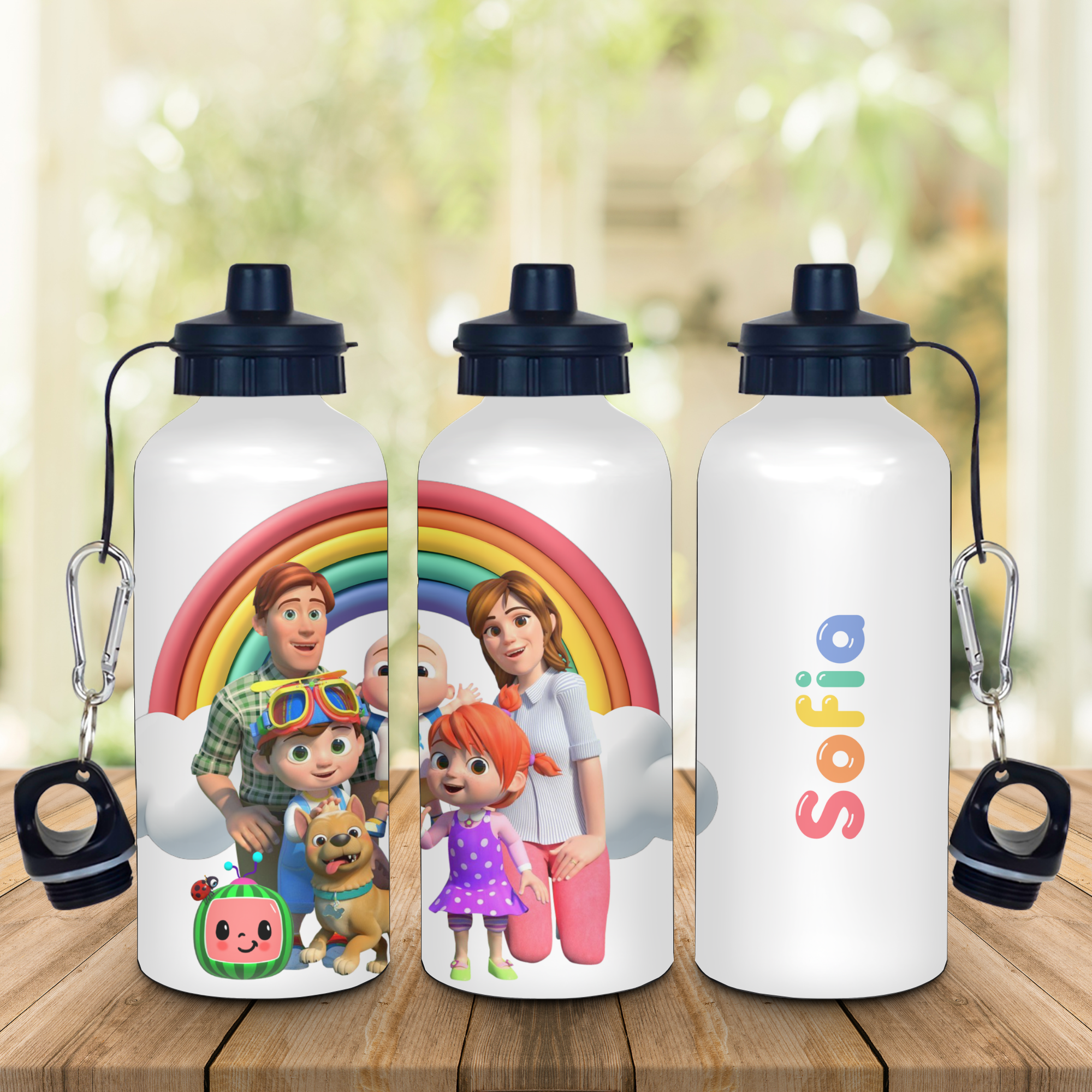 PERSONALISED 'COCOMELON FAMILY' 600ML ALUMINIUM GLOSSY WATER BOTTLE.