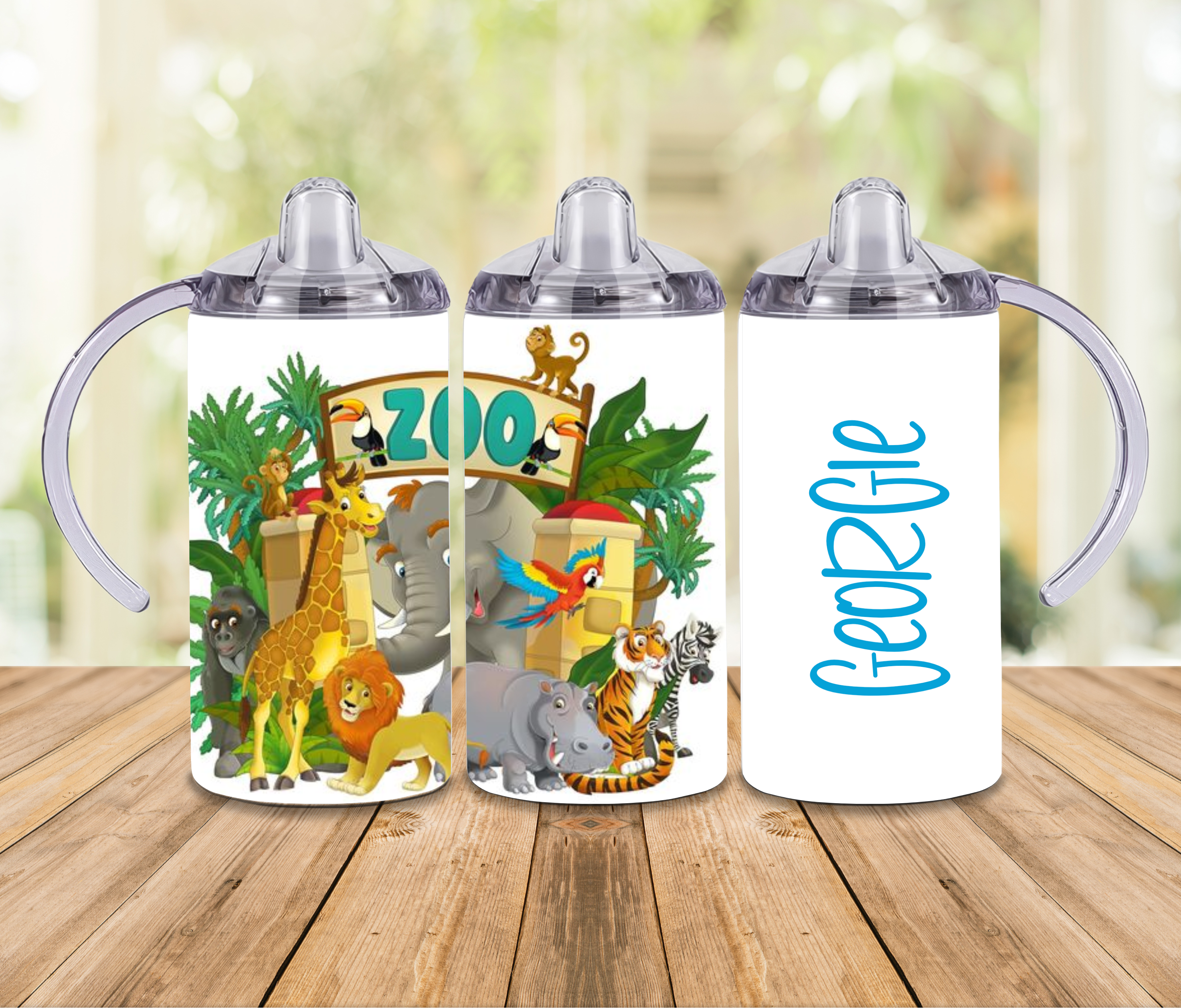 PERSONALISED 'CUTE ZOO ANIMALS' 350ML S/S SIPPY CUP/TUMBLER, 2 LIDS & STRAW.