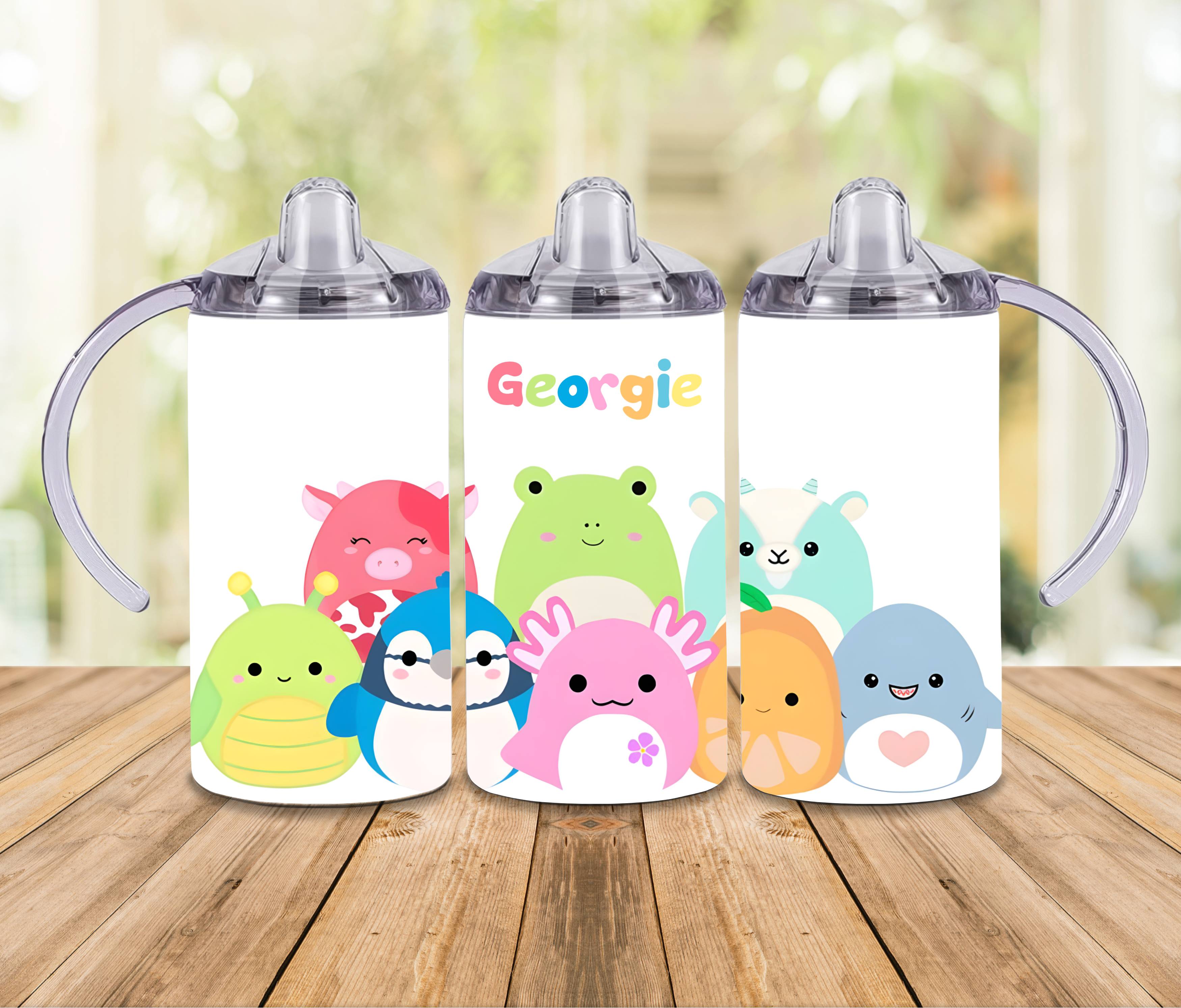 PERSONALISED 'SQUISHMALLOWS' 350ML S/STEEL GLOSSY SIPPY CUP/TUMBLER, 2 LIDS.