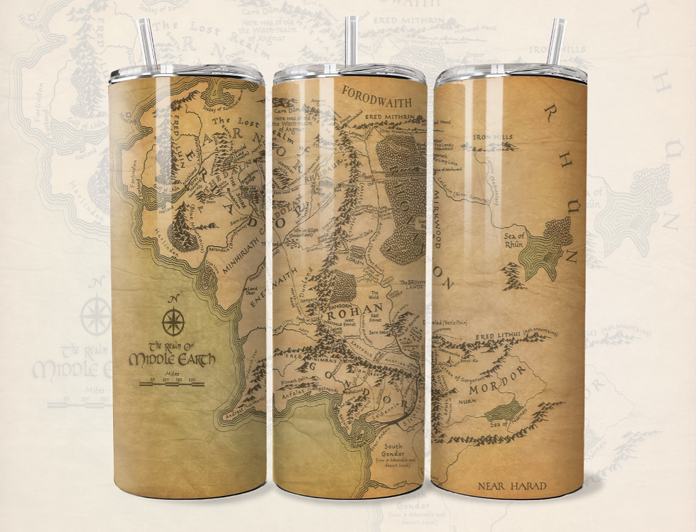 'MIDDLE EARTH MAP' 600ML STAINLESS STEEL GLOSSY THERMAL TUMBLER & STRAW.
