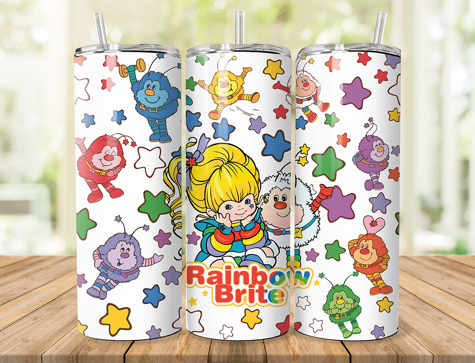 'RAINBOW BRITE' 600ML STAINLESS STEEL GLOSSY THERMAL TUMBLER & STRAW.