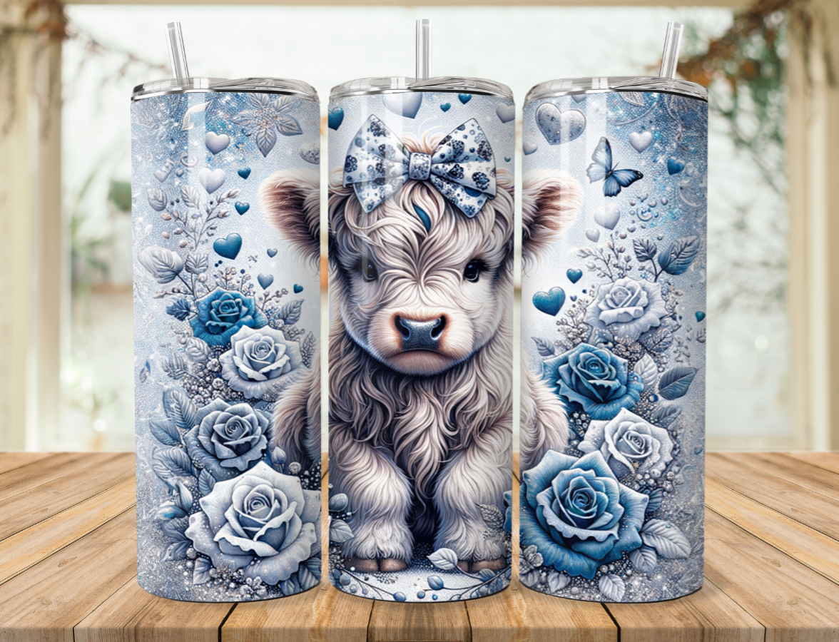 BEAUTIFUL 'BLUE HIGHLAND COW' 600ML S/STEEL GLOSSY THERMAL TUMBLER & STRAW.