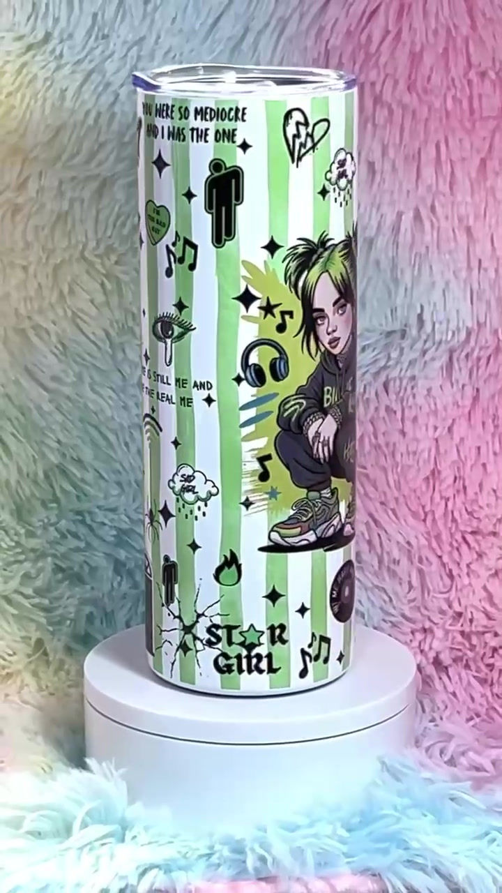 Thumbnail: 'BILLIE EILISH' STRIPED 600ML (20OZ) S/STEEL THERMAL GLOSSY TUMBLER & STRAW.
