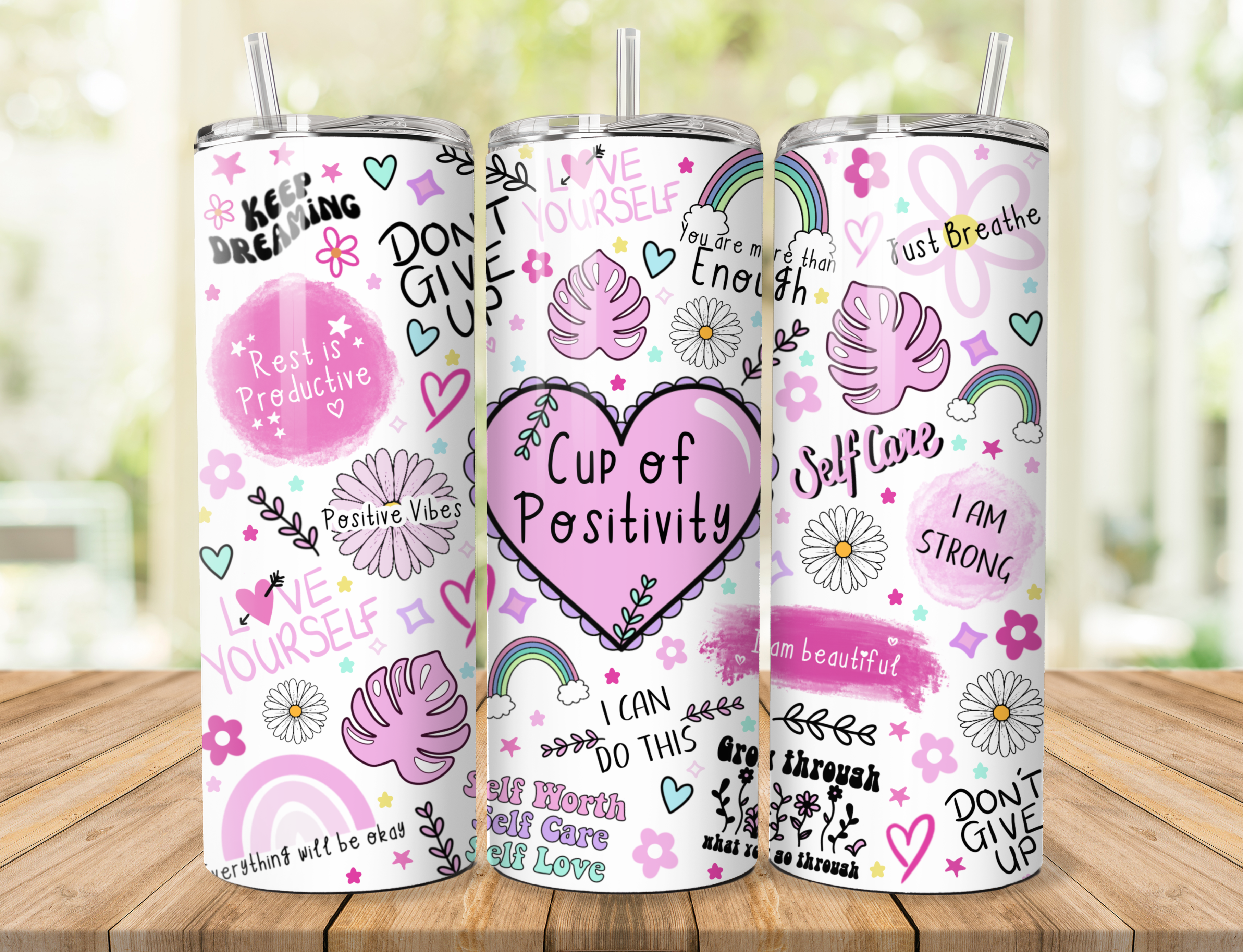 'CUP OF POSITIVITY' 600ML (20OZ) S/STEEL GLOSSY THERMAL TUMBLER & STRAW.