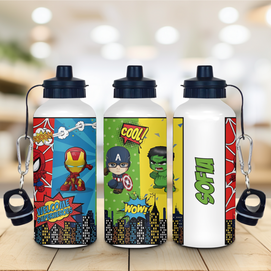Thumbnail: PERSONALISED 'COMIC SPIDEY & FRIENDS' 600ML GLOSSY WATER BOTTLE 2 LIDS & STRAW.