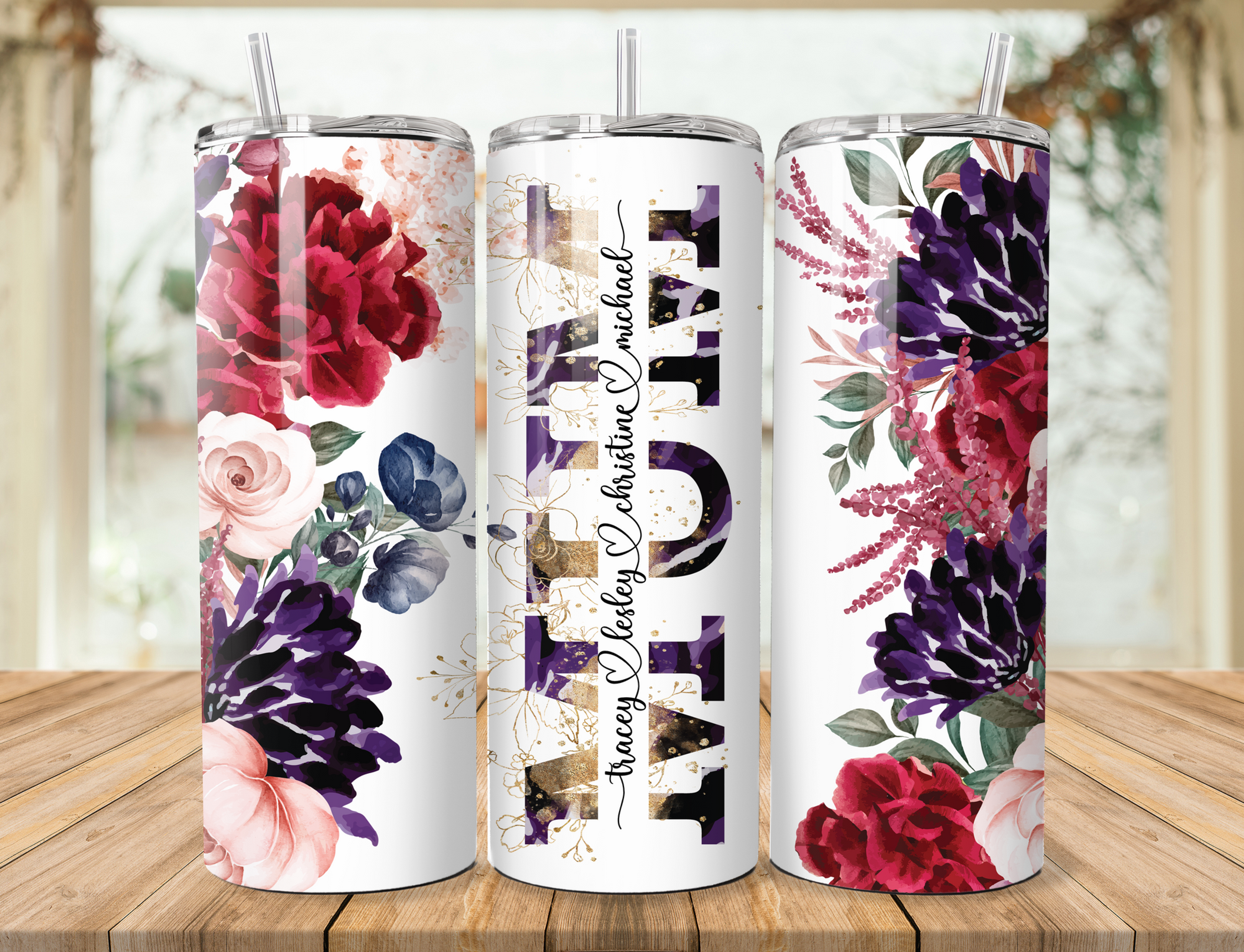 PERSONALISED 'MUM RED & PURPLE FLORAL' 600ML  S/S GLOSSY THERMAL TUMBLER & STRAW