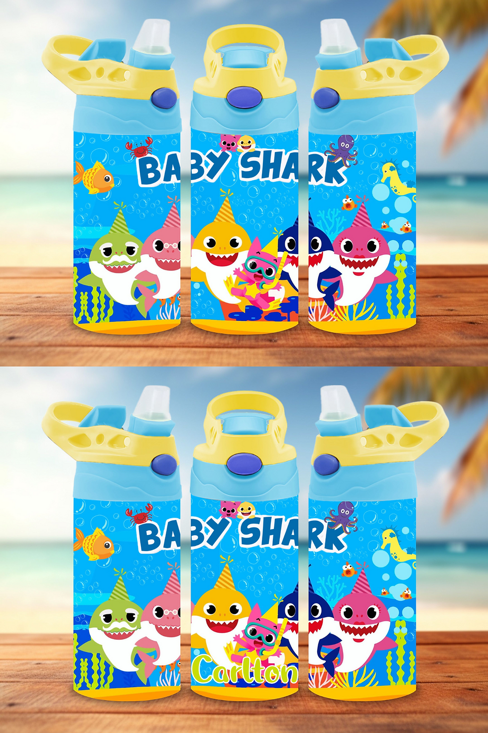 PERSONALISED 'BABY SHARK' 350ML S/S THERMAL FLIP TOP WATER BOTTLE/TUMBLER..