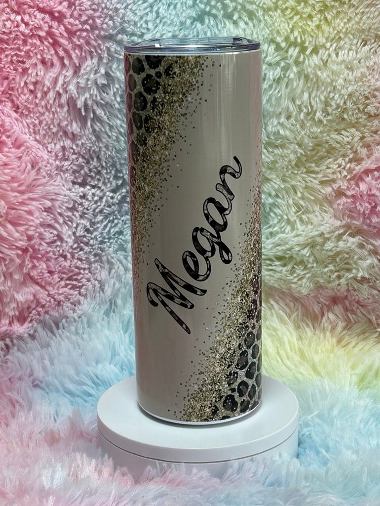 Thumbnail: PERSONALISED 'LEOPARD PRINT GOLD GLITTER' 600ML  S/STEEL GLOSSY TUMBLER & STRAW.