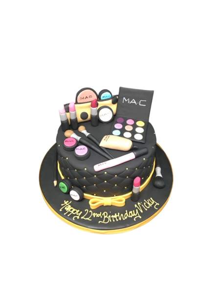 A striking and beautifully designed cake inspired by Mac makeup products, perfect for any beauty lover's special occasion.