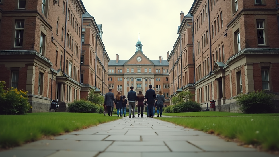 Eye-level view of a college campus with students walking between buildings