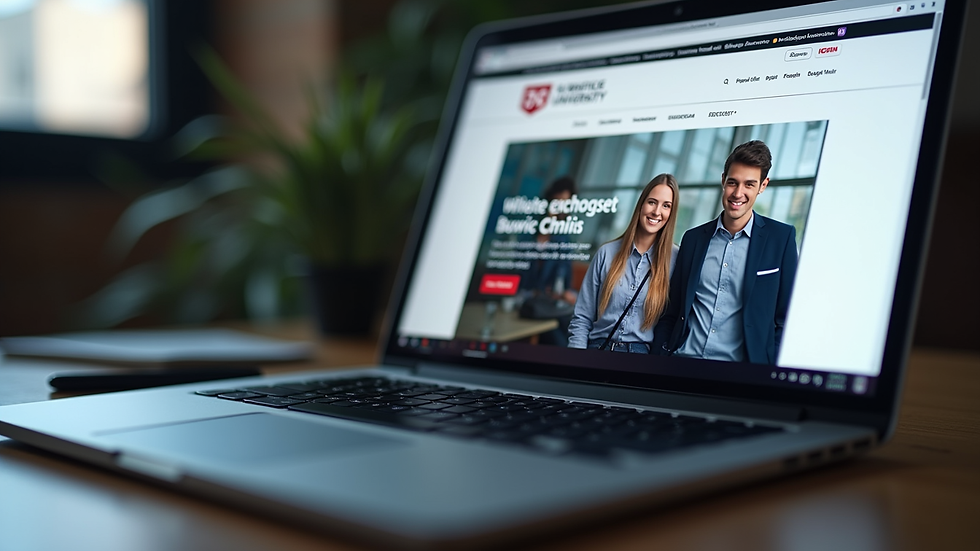 Close-up view of a laptop screen displaying a university website homepage