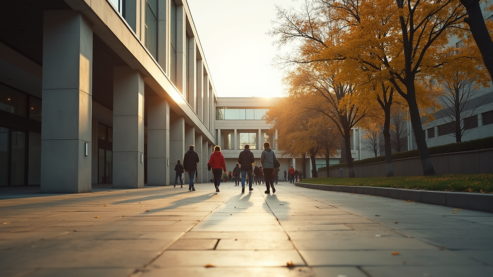 Eye-level view of a university campus with students walking between buildings
