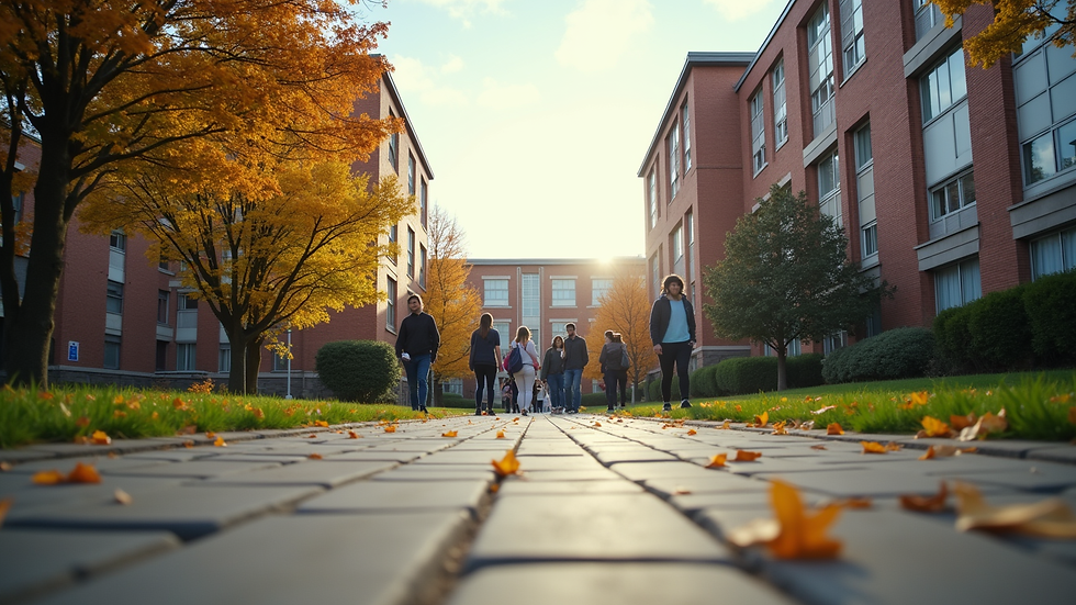 Eye-level view of a college campus with students walking between buildings