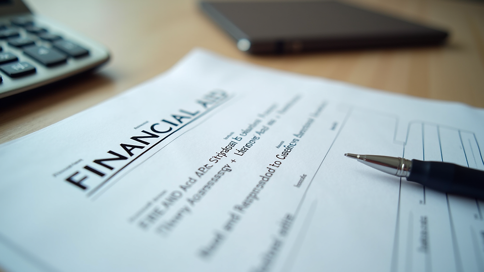 Close-up view of financial aid forms and a calculator on a desk
