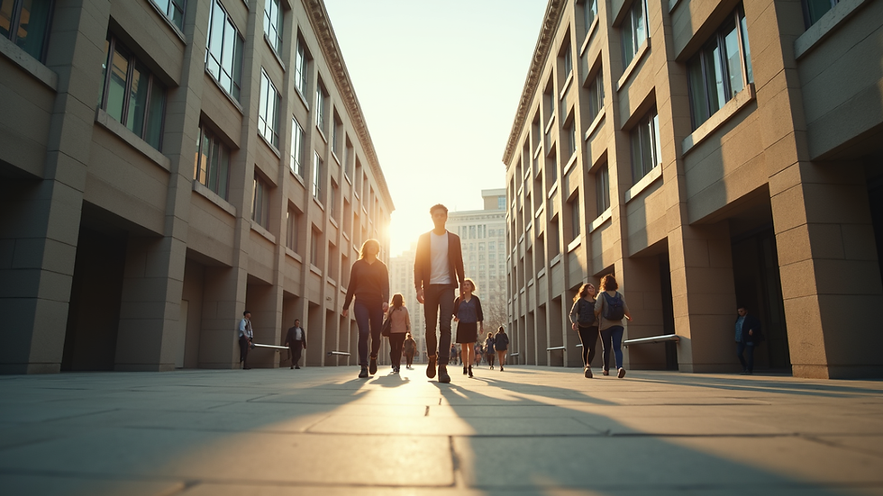 Eye-level view of a college campus with students walking between buildings