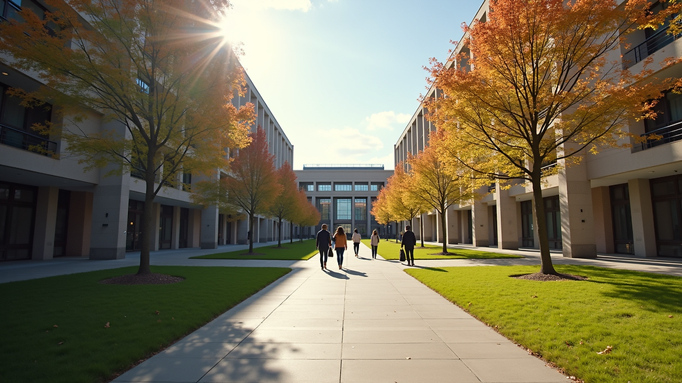 Eye-level view of a university campus with students walking between buildings
