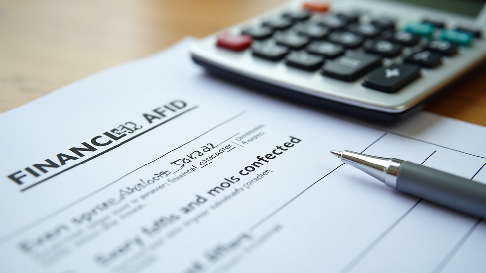 Close-up view of a financial aid form with a calculator and pen