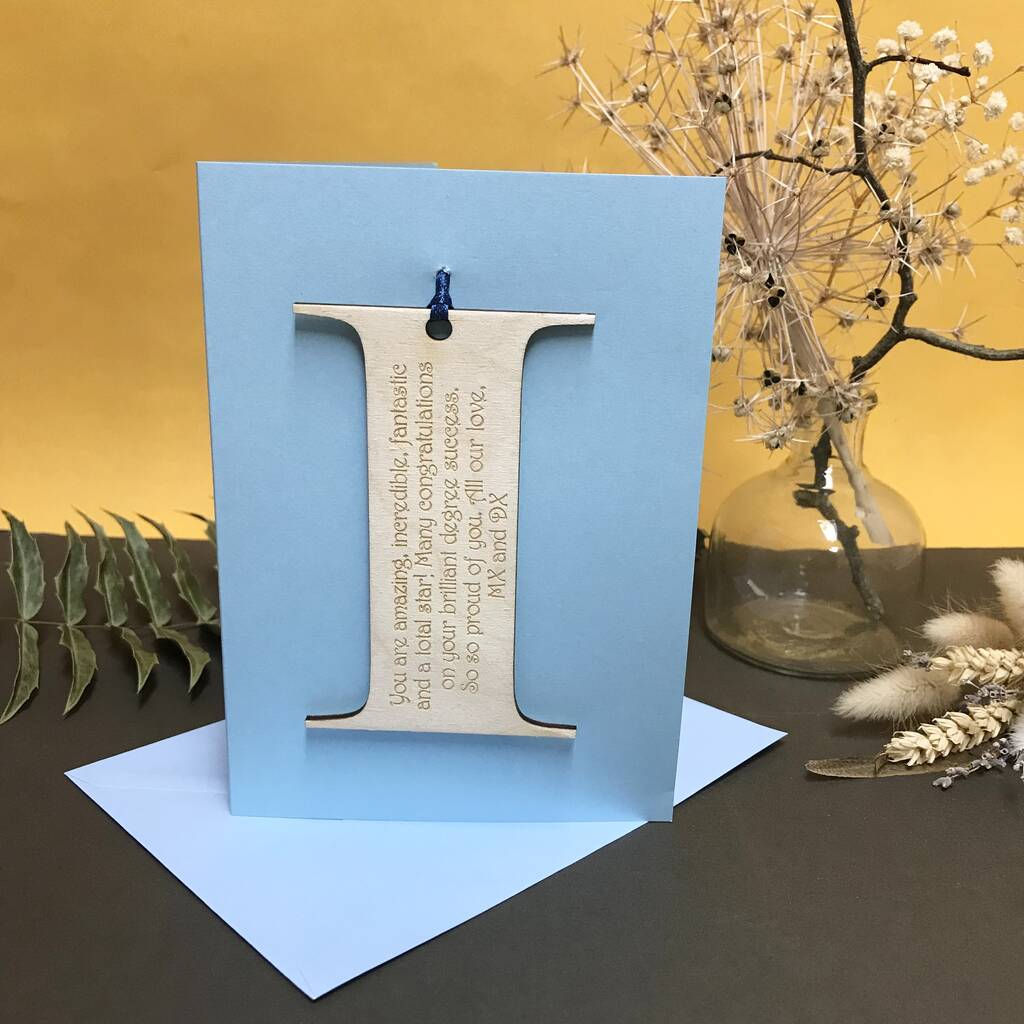 Personalised wooden letter laser engraved with a congratulations message