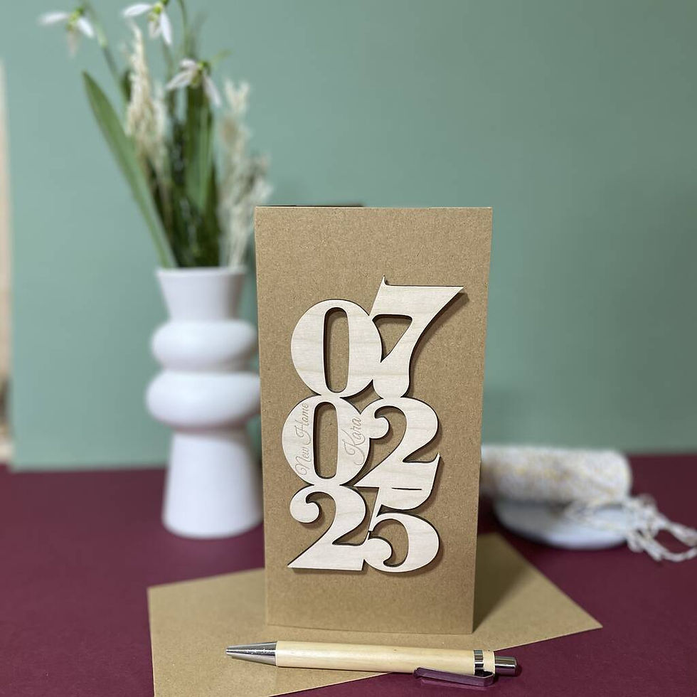 Thumbnail: Unique personalised new home move-in date card displayed on shelf