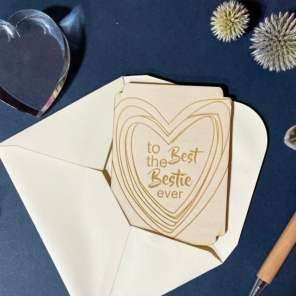 Thumbnail: wooden engraved heart card keepsake with cream envelope dark blue background