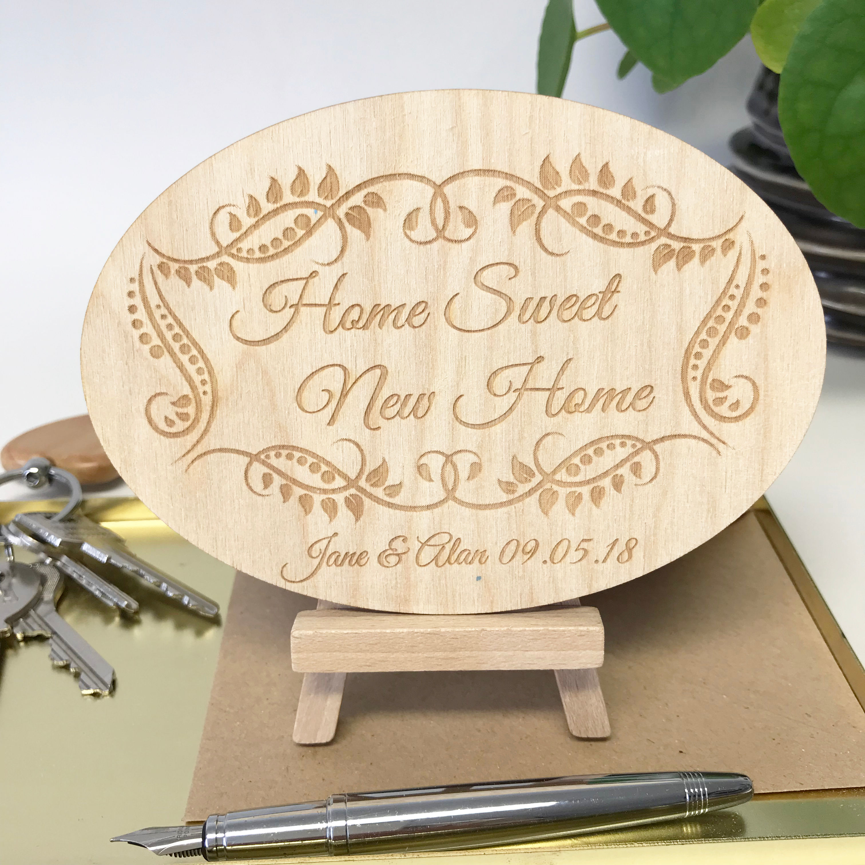Personalised wooden new home card engraved with floral design
