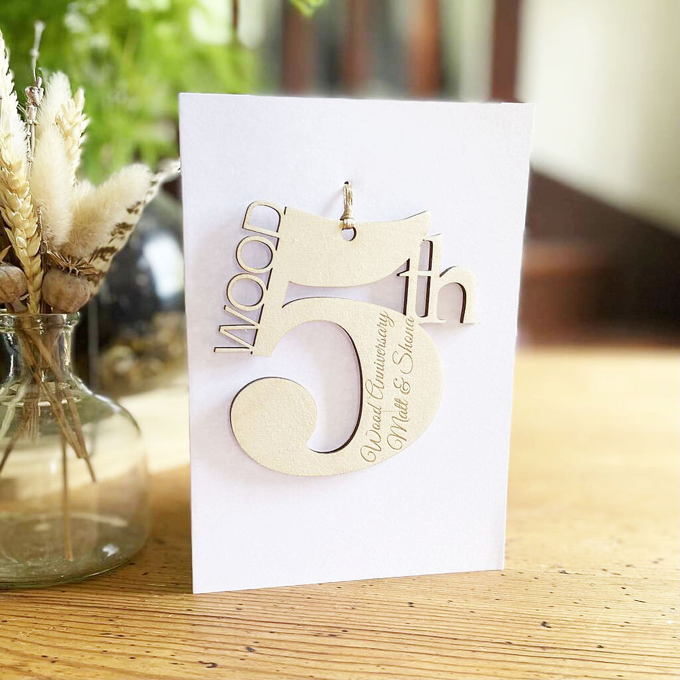 Thumbnail: Personalised 5th Wooden Anniversary Meaning Card on a wooden table on a crisp white card